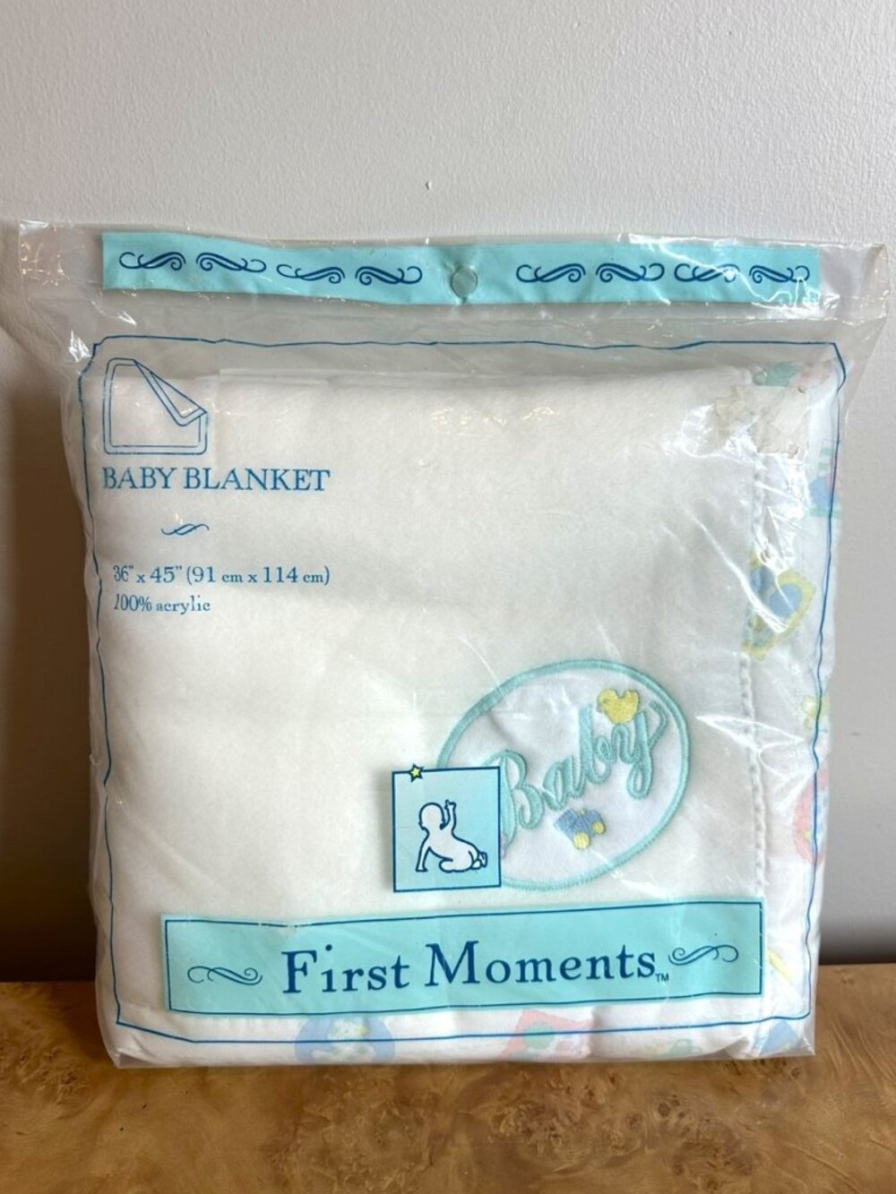 NOS Vintage First Moments Baby Blanket Blue White Embroidered Acrylic New Boy